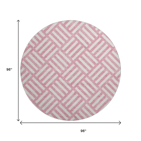 HomeRoots 8' Pink Geometric Round Rug - Washable, UV Protected & Durable for Modern Family Spaces & Playrooms 652404