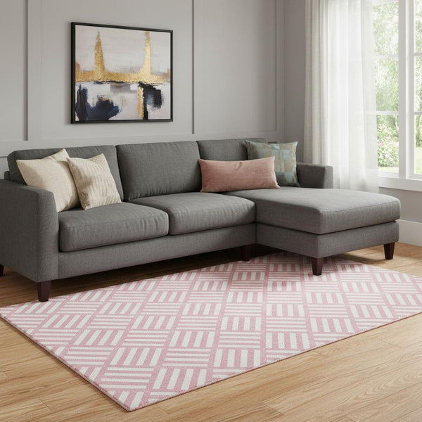 HomeRoots 8' X 10' Pink and Ivory Geometric Washable Area Rug with UV Protection for Modern Family Spaces 652405