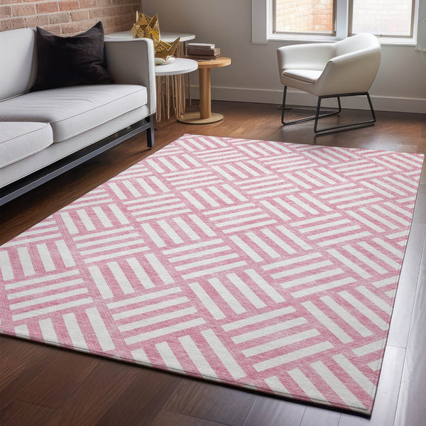 HomeRoots 9' X 12' Pink And Ivory Geometric Area Rug - Durable, Washable, UV-Protected for Modern Homes 652406