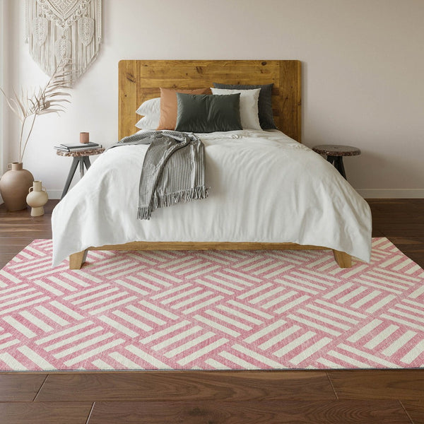 HomeRoots 9' X 12' Pink And Ivory Geometric Area Rug - Durable, Washable, UV-Protected for Modern Homes 652406