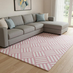 HomeRoots 9' X 12' Pink And Ivory Geometric Area Rug - Durable, Washable, UV-Protected for Modern Homes 652406