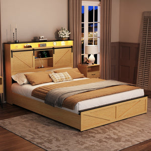 English Elm Farmhouse Full Size Bed Frame With Storage Headboard, Charging Station, Led Lights & Rustic Charm W1550P343683