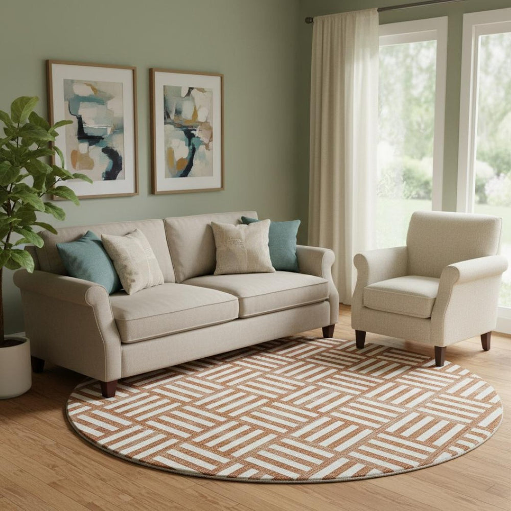HomeRoots 8' Chili Red & Ivory Geometric Round Rug – Washable, UV-Protected, Stain-Resistant for Modern Spaces 652410