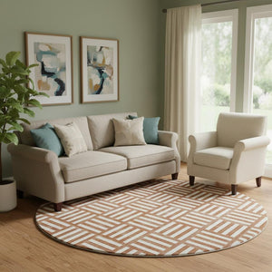 HomeRoots 8' Chili Red & Ivory Geometric Round Rug – Washable, UV-Protected, Stain-Resistant for Modern Spaces 652410