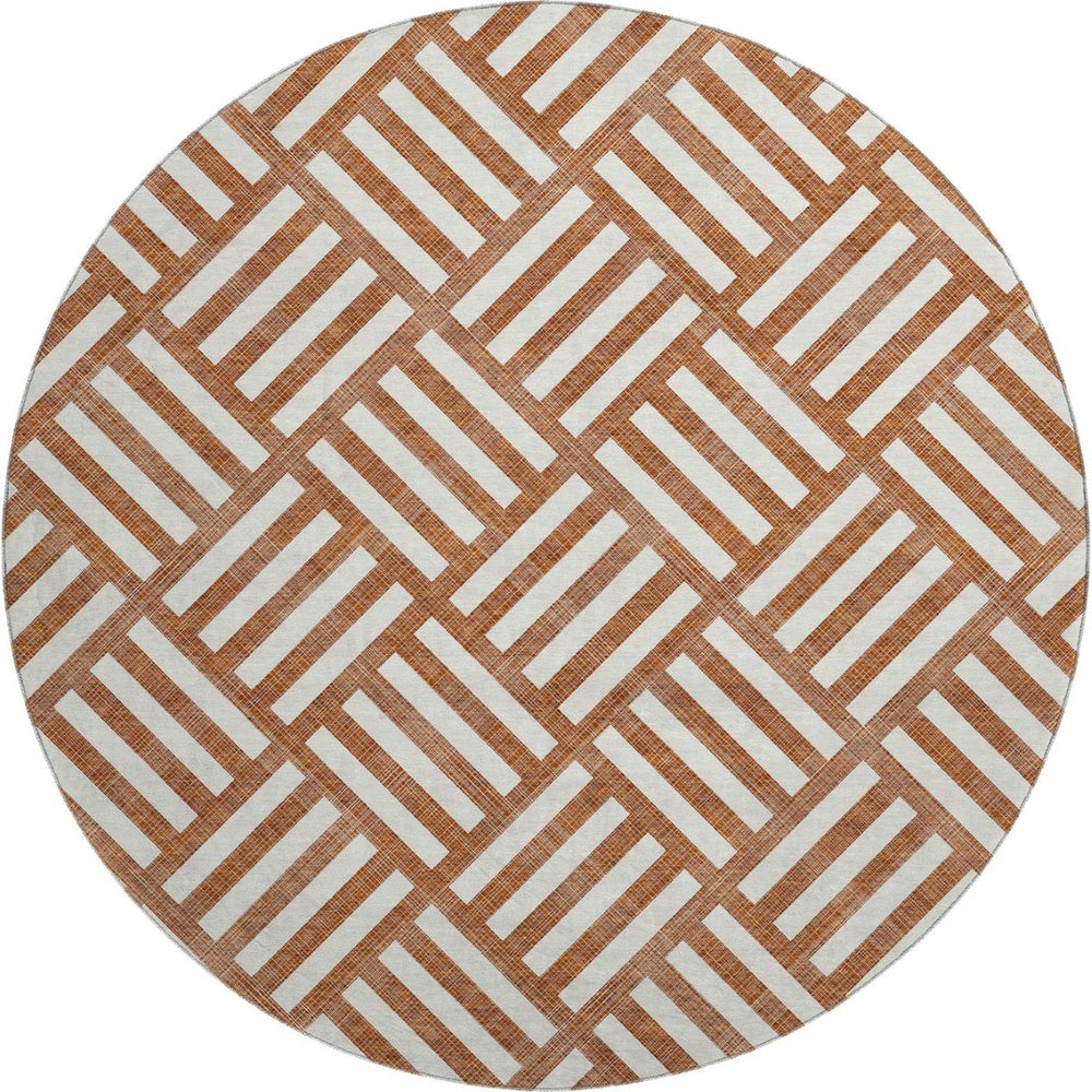 HomeRoots 8' Chili Red & Ivory Geometric Round Rug – Washable, UV-Protected, Stain-Resistant for Modern Spaces 652410