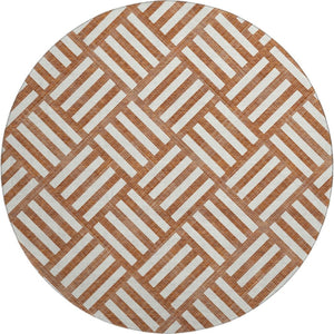 HomeRoots 8' Chili Red & Ivory Geometric Round Rug – Washable, UV-Protected, Stain-Resistant for Modern Spaces 652410