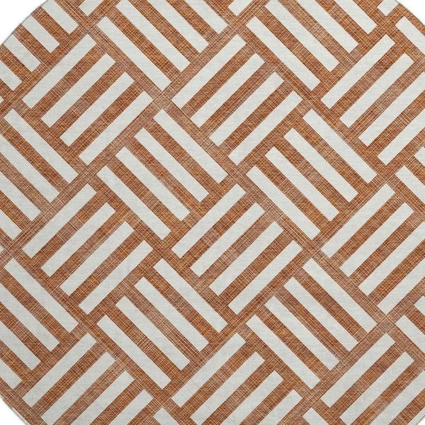HomeRoots 8' Chili Red & Ivory Geometric Round Rug – Washable, UV-Protected, Stain-Resistant for Modern Spaces 652410