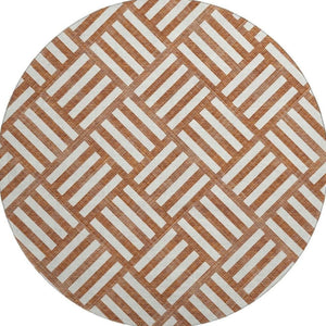 HomeRoots 8' Chili Red & Ivory Geometric Round Rug – Washable, UV-Protected, Stain-Resistant for Modern Spaces 652410