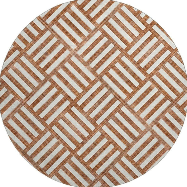 HomeRoots 8' Chili Red & Ivory Geometric Round Rug – Washable, UV-Protected, Stain-Resistant for Modern Spaces 652410