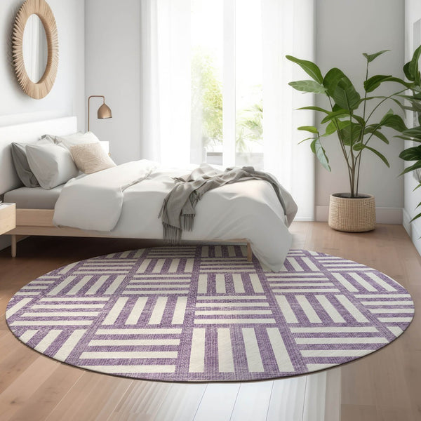 HomeRoots 8' Purple Geometric Washable Round Rug - UV Protected, Stain Resistant, Perfect for High-Traffic Areas 652416