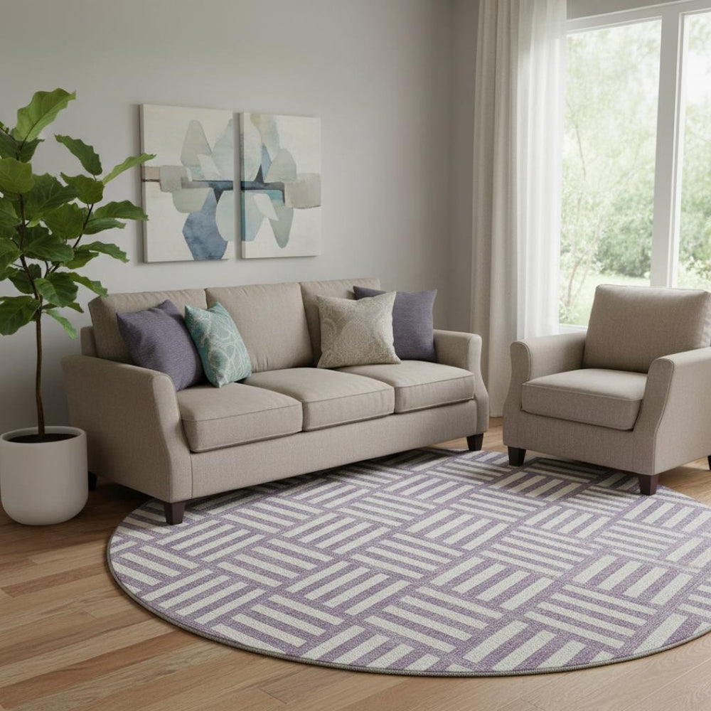 HomeRoots 8' Purple Geometric Washable Round Rug - UV Protected, Stain Resistant, Perfect for High-Traffic Areas 652416