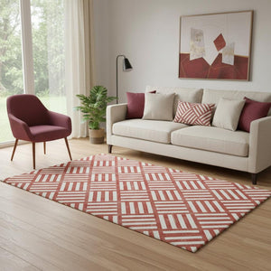 HomeRoots 5' X 8' Red & Ivory Geometric Area Rug - Washable, UV-Protected, Stain-Resistant for Busy Homes 652421