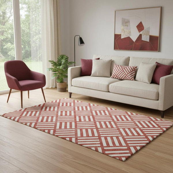 HomeRoots 5' X 8' Red & Ivory Geometric Area Rug - Washable, UV-Protected, Stain-Resistant for Busy Homes 652421