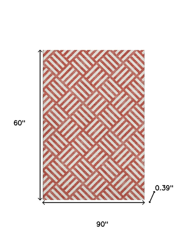 HomeRoots 5' X 8' Red & Ivory Geometric Area Rug - Washable, UV-Protected, Stain-Resistant for Busy Homes 652421