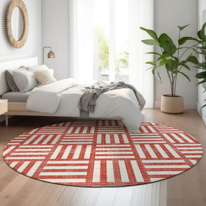 HomeRoots 8' Red And Ivory Geometric Round Rug – Washable, UV-Protected, Durable for Active Homes & Decor 652422