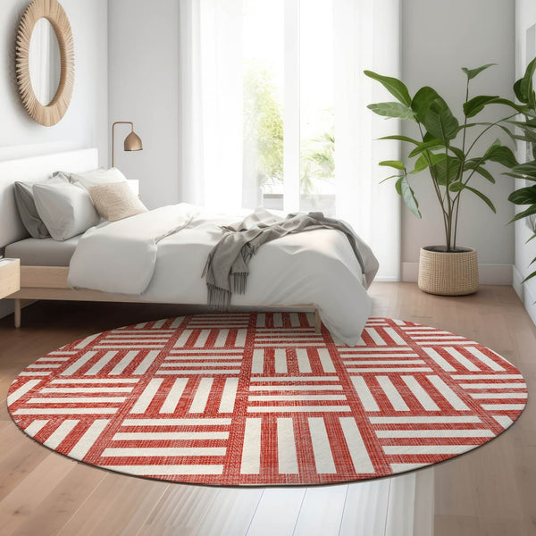 HomeRoots 8' Red And Ivory Geometric Round Rug – Washable, UV-Protected, Durable for Active Homes & Decor 652422