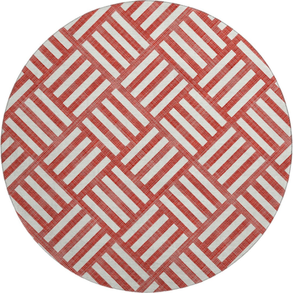 HomeRoots 8' Red And Ivory Geometric Round Rug – Washable, UV-Protected, Durable for Active Homes & Decor 652422