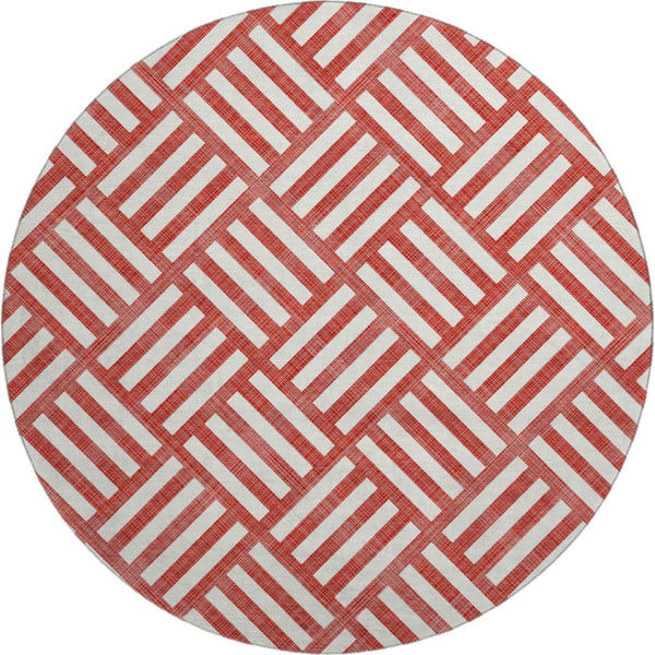 HomeRoots 8' Red And Ivory Geometric Round Rug – Washable, UV-Protected, Durable for Active Homes & Decor 652422