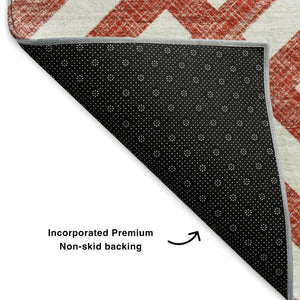 HomeRoots 8' Red And Ivory Geometric Round Rug – Washable, UV-Protected, Durable for Active Homes & Decor 652422
