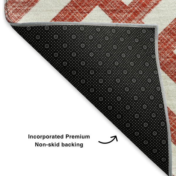 HomeRoots 8' Red And Ivory Geometric Round Rug – Washable, UV-Protected, Durable for Active Homes & Decor 652422