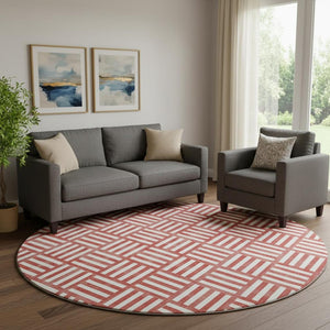 HomeRoots 8' Red And Ivory Geometric Round Rug – Washable, UV-Protected, Durable for Active Homes & Decor 652422
