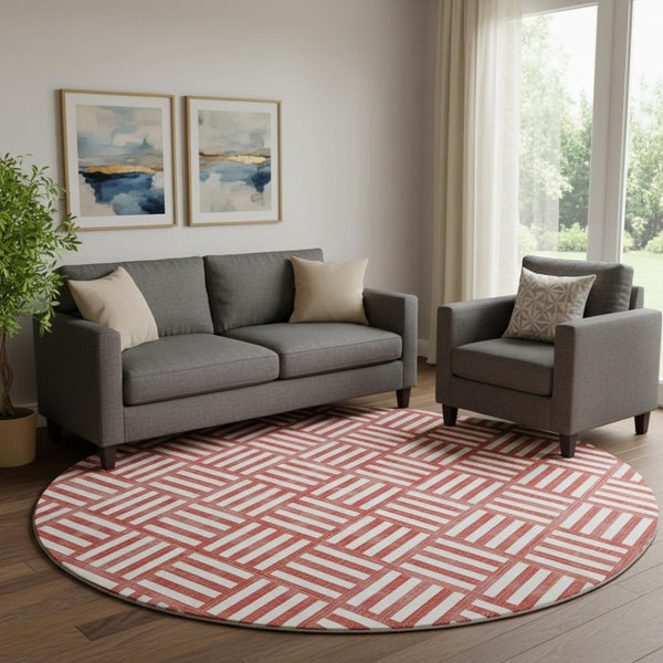 HomeRoots 8' Red And Ivory Geometric Round Rug – Washable, UV-Protected, Durable for Active Homes & Decor 652422