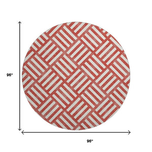 HomeRoots 8' Red And Ivory Geometric Round Rug – Washable, UV-Protected, Durable for Active Homes & Decor 652422