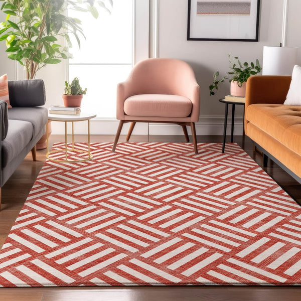 HomeRoots 8' X 10' Red and Ivory Geometric Washable Area Rug with UV Protection - Stylish, Durable, and Easy-Care! 652423
