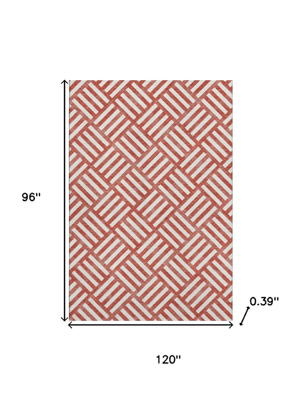 HomeRoots 8' X 10' Red and Ivory Geometric Washable Area Rug with UV Protection - Stylish, Durable, and Easy-Care! 652423