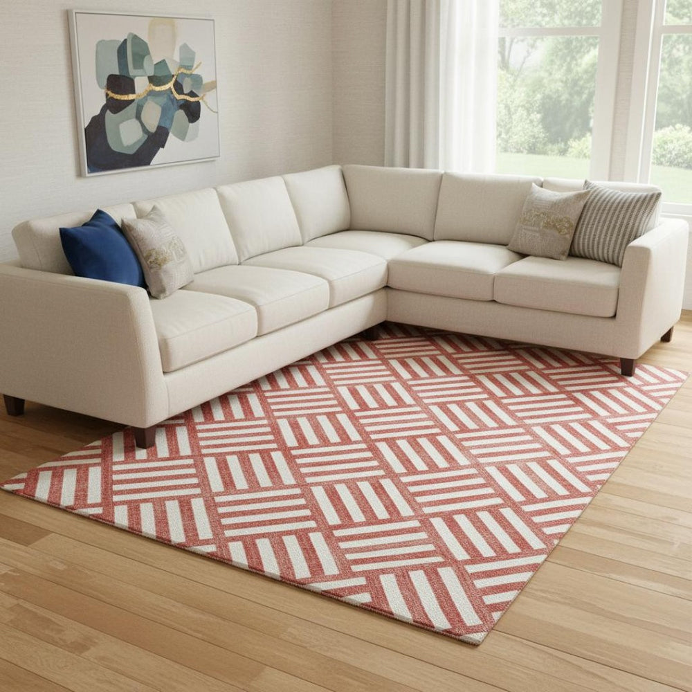 HomeRoots 8' X 10' Red and Ivory Geometric Washable Area Rug with UV Protection - Stylish, Durable, and Easy-Care! 652423