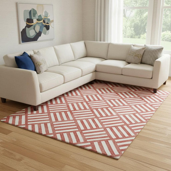 HomeRoots 8' X 10' Red and Ivory Geometric Washable Area Rug with UV Protection - Stylish, Durable, and Easy-Care! 652423