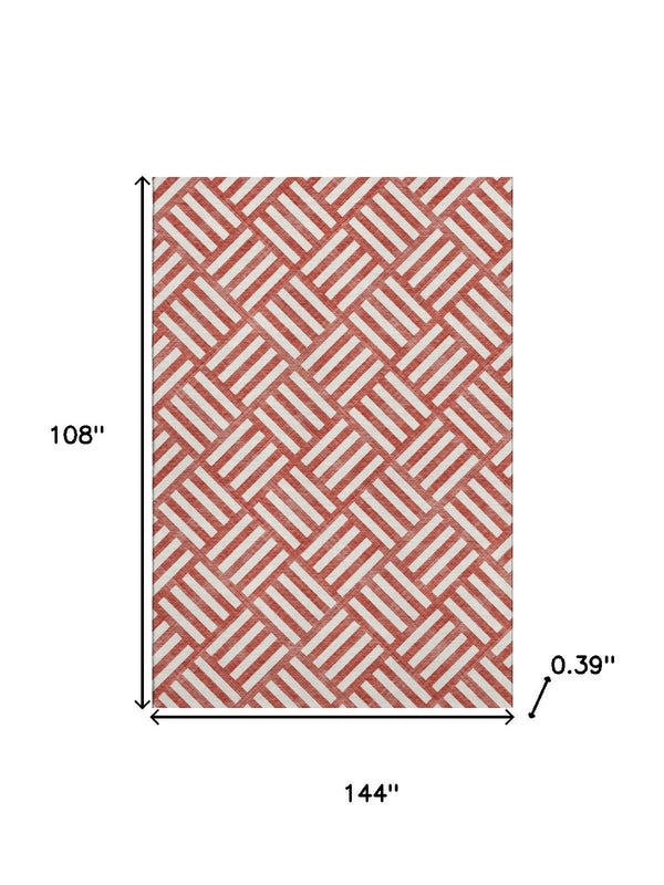 HomeRoots 9' X 12' Red and Ivory Geometric Area Rug – Durable, Washable Design with UV Protection for Modern Homes 652424