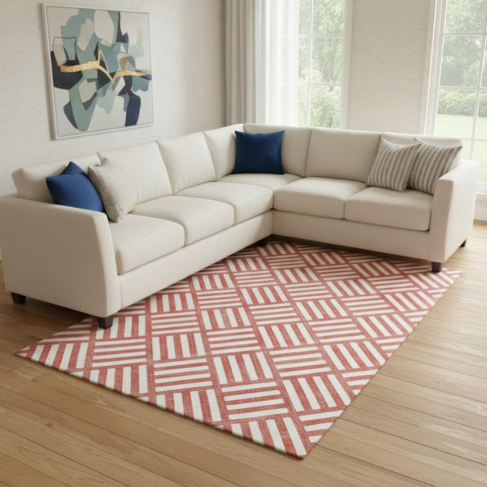 HomeRoots 9' X 12' Red and Ivory Geometric Area Rug – Durable, Washable Design with UV Protection for Modern Homes 652424