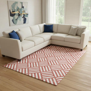 HomeRoots 9' X 12' Red and Ivory Geometric Area Rug – Durable, Washable Design with UV Protection for Modern Homes 652424