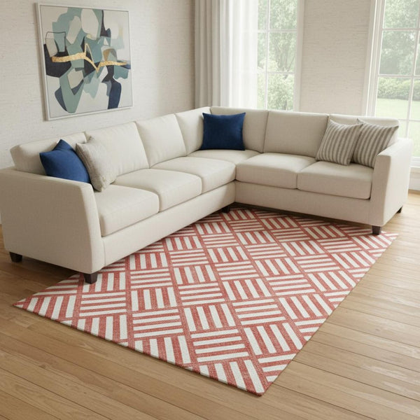 HomeRoots 9' X 12' Red and Ivory Geometric Area Rug – Durable, Washable Design with UV Protection for Modern Homes 652424