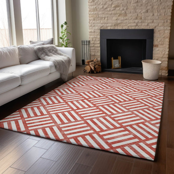 HomeRoots 9' X 12' Red and Ivory Geometric Area Rug – Durable, Washable Design with UV Protection for Modern Homes 652424