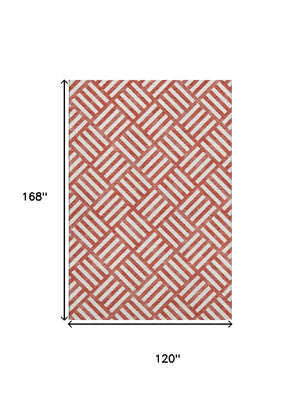 HomeRoots 10' Red and Ivory Geometric Area Rug – Washable, UV Protected, Durable Design for Modern Living Spaces 652425