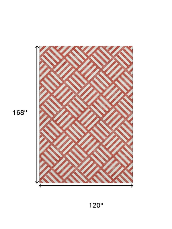 HomeRoots 10' Red and Ivory Geometric Area Rug – Washable, UV Protected, Durable Design for Modern Living Spaces 652425