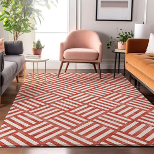 HomeRoots 10' Red and Ivory Geometric Area Rug – Washable, UV Protected, Durable Design for Modern Living Spaces 652425