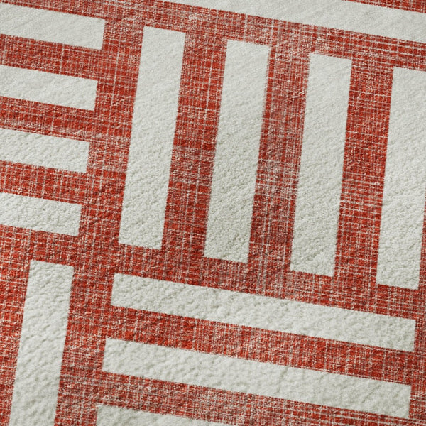 HomeRoots 10' Red and Ivory Geometric Area Rug – Washable, UV Protected, Durable Design for Modern Living Spaces 652425