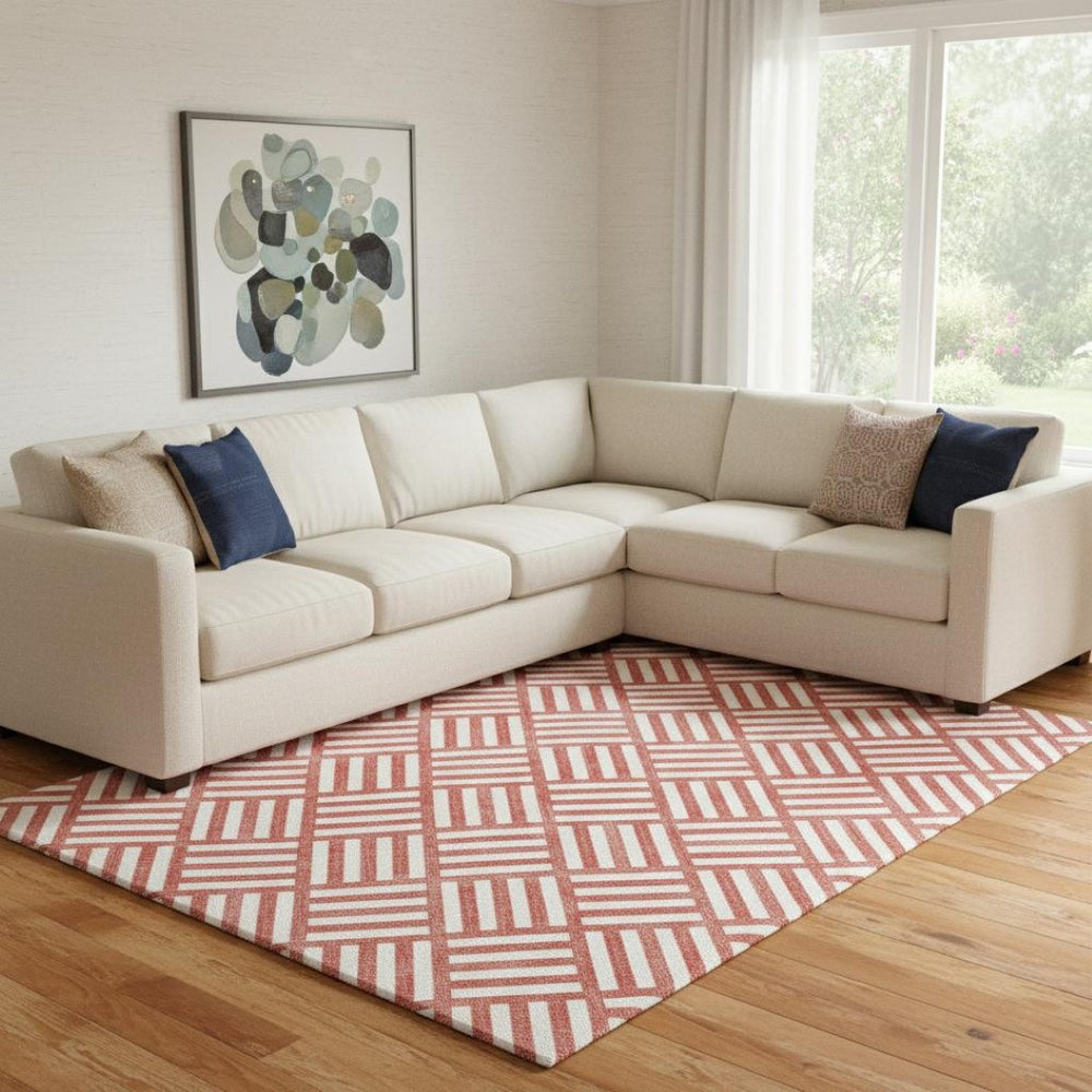 HomeRoots 10' Red and Ivory Geometric Area Rug – Washable, UV Protected, Durable Design for Modern Living Spaces 652425