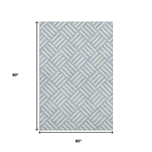 HomeRoots 5' X 8' Sky Blue Geometric Area Rug - Washable, UV Protected, Durable, Stain Resistant for Family Rooms 652427