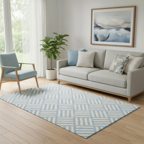 HomeRoots 5' X 8' Sky Blue Geometric Area Rug - Washable, UV Protected, Durable, Stain Resistant for Family Rooms 652427