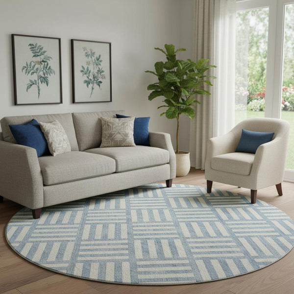 HomeRoots 8' Sky Blue & Ivory Geometric Round Rug - UV Protected, Stain Resistant, Perfect for Kids & Pets! 652428