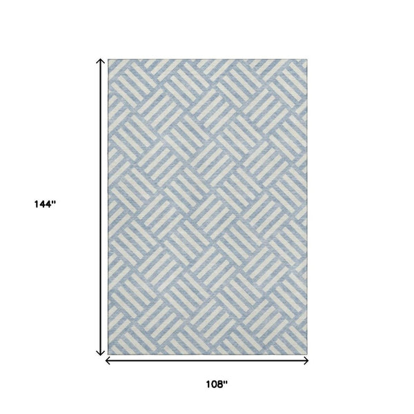 HomeRoots 9' X 12' Sky Blue & Ivory Geometric Area Rug - Washable, UV Protected, Ideal for Busy Homes! 652430