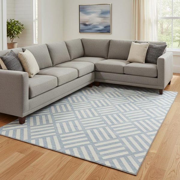 HomeRoots 9' X 12' Sky Blue & Ivory Geometric Area Rug - Washable, UV Protected, Ideal for Busy Homes! 652430