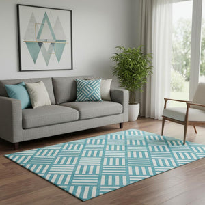 HomeRoots 5' X 8' Teal and Ivory Geometric Area Rug – Stain Resistant, UV Protected, Machine Washable Design 652433