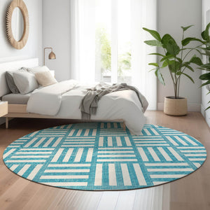 HomeRoots 8' Teal and Ivory Geometric Round Rug – Stylish, Washable, UV-Protected for High-Traffic Areas 652434