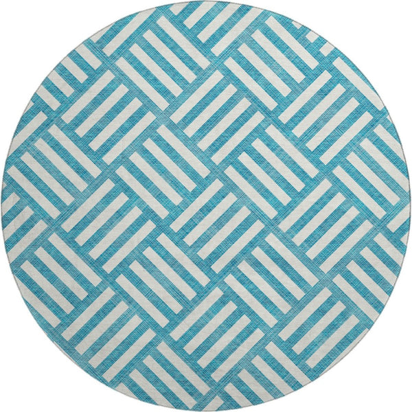 HomeRoots 8' Teal and Ivory Geometric Round Rug – Stylish, Washable, UV-Protected for High-Traffic Areas 652434