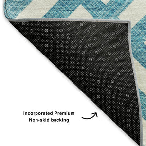 HomeRoots 8' Teal and Ivory Geometric Round Rug – Stylish, Washable, UV-Protected for High-Traffic Areas 652434